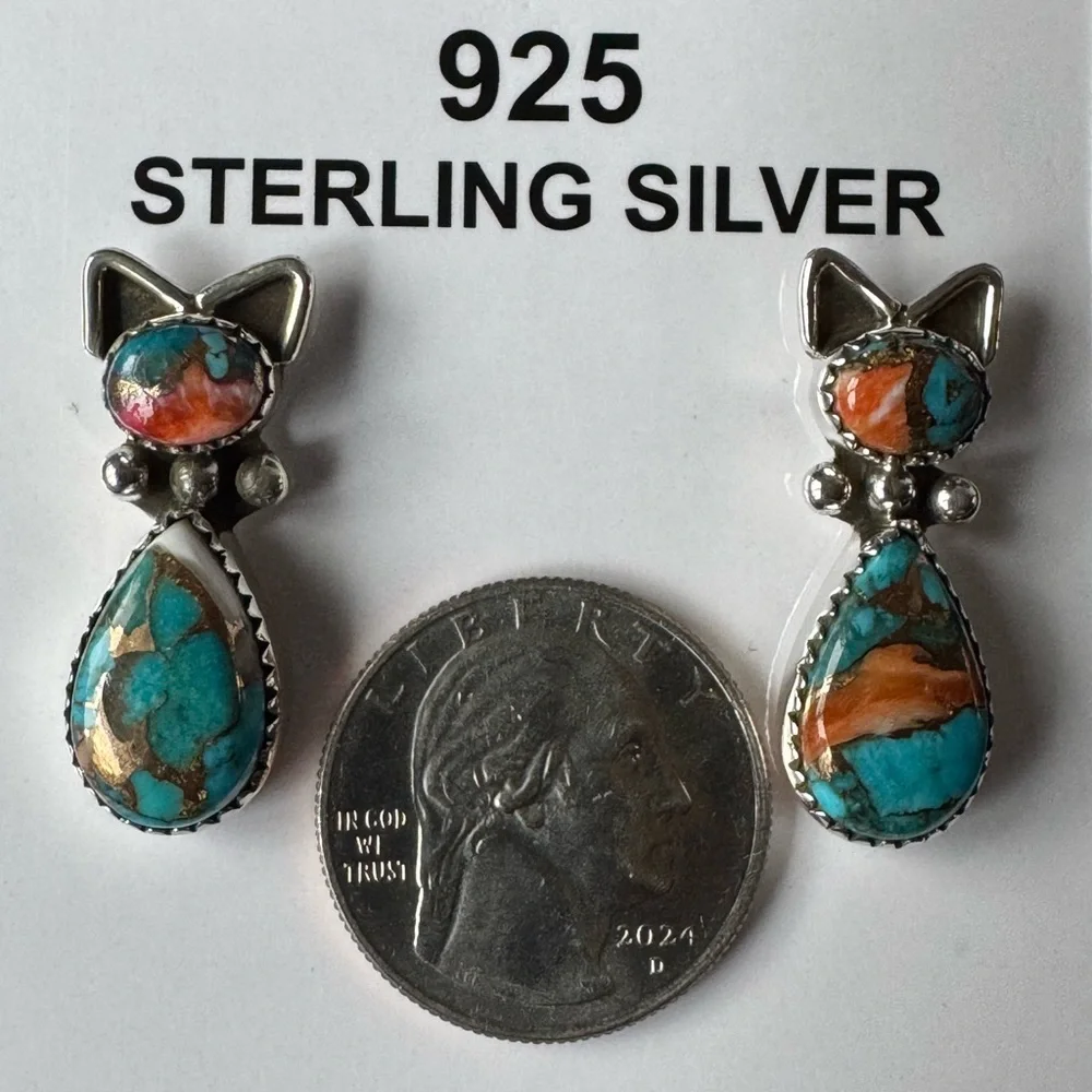 Sterling Silver Cat Earrings with Turquoise and Coral - Picture 2 of 4